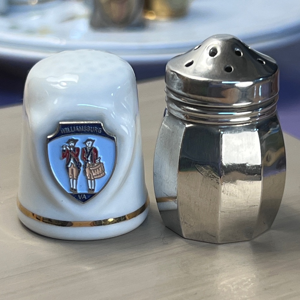 Williamsburg Thimble and Vintage Sterling Silver Salt Shaker Set